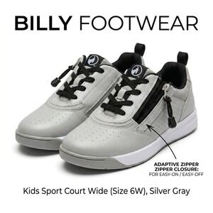 BILLY Footwear Kids Sport Court Wide Size 6W Silver Gray Adaptive Shoes Zipper